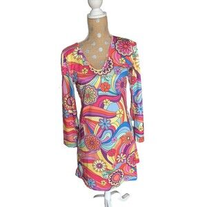 FOR G and PL Women's Psychedelic V-Neck Retro-Style Disco Dress Hippie Medium